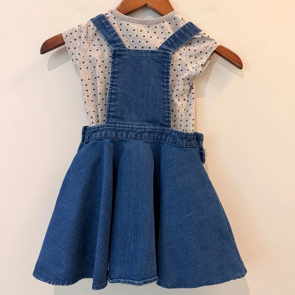 Hello Kitty Sanrio Denim 2 Piece Dress Set Embroidered Blue Grey Polka Dot 5 EUC